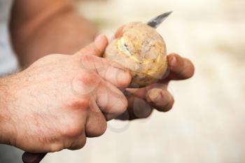 Manual peel of raw potato, cook hands with knife, close-up photo, selective focus