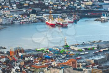 Cityscape of Bergen, Norway. Cargo port, aerial view 