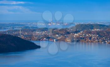 North Sea landscape in spring morning, Bergen, Norway. Aerial view 