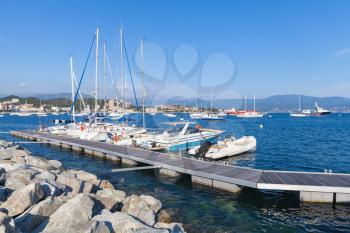 Small yachts and boats moored in marina of Ajaccio. Corsica, French island in the Mediterranean Sea