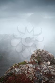 Mountain landscape of Foros rocks in foggy morning. Crimea peninsula, Black Sea coast