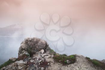Mountain landscape of Foros in foggy spring morning. Crimea peninsula, Black Sea coast