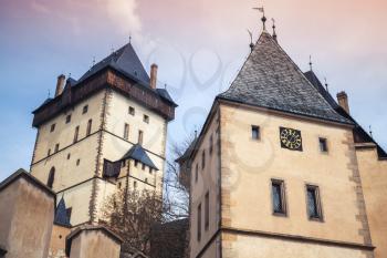 Karlstejn castle towers. Gothic castle founded 1348 CE by Charles IV, Holy Roman Emperor-elect and King of Bohemia. Karlstejn village, Czech Republic