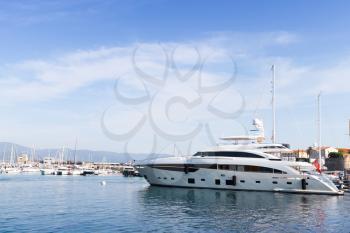 Pleasure motor yachts moored in marina of Ajaccio, Corsica island, France