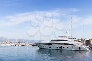 Pleasure motor yachts moored in marina of Ajaccio, Corsica island, France