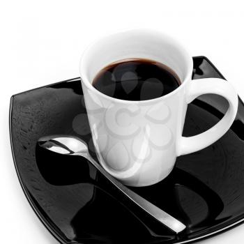 Black coffee mug with spoon on saucer above white background