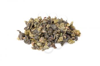 Heap of traditional Chinese green oolong tea isolated on white background, top view, selective focus with shallow DOF