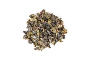 Heap of traditional Chinese green oolong tea isolated on white background, top view, selective focus