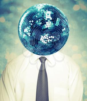 Abstract disco man in white shirt and tie with mirror ball as a head. Collage with instagram filter effect