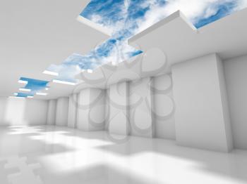 Abstract modern interior design with corners and cloudy sky outside. Architecture background, 3d render illustration