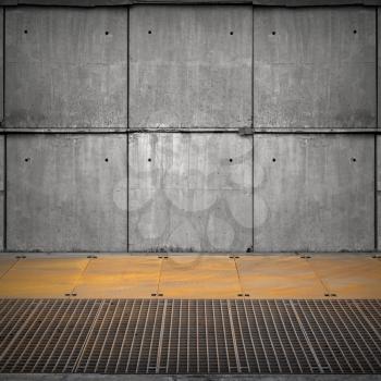 Abstract empty industrial interior with concrete wall and rusted steel floor
