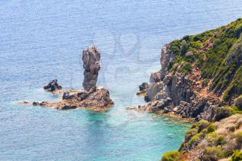 Coastal landscape of mountainous Mediterranean island Corsica. Capo Rosso, Piana region, France