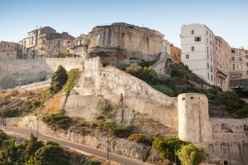 The citadel of Bonifacio, mountainous Mediterranean island Corsica, Corse-du-Sud, France. Photo with vintage tonal correction filter, old style effect