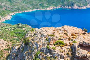 Landscape of French Mediterranean island Corsica. Piana region. Coastal Rocks and sea in a summer day