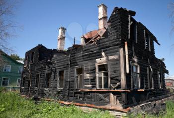 Burnt old wooden building in Russia