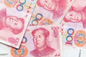 Modern Chinese yuan renminbi banknotes, close up photo background