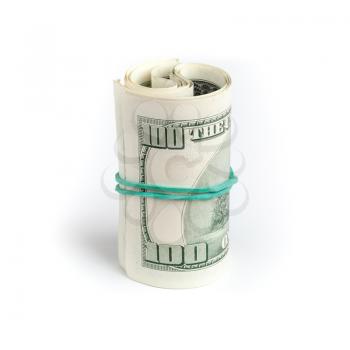 United States dollars, roll of hundred USD banknotes with green rubber on white table background. Selective focus