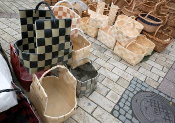 Various traditional natural wicker baskets on seasonal Finnish fair