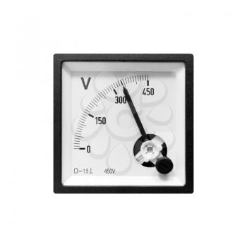 Modern analog electric voltmeter in black frame isolated on white background