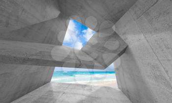 Empty concrete interior with chaotic structures and sunny beach outside. Abstract architecture background, 3d illustration