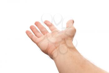 Right male hand with empty place for holding something, first-person view photo isolated on white with selective focus