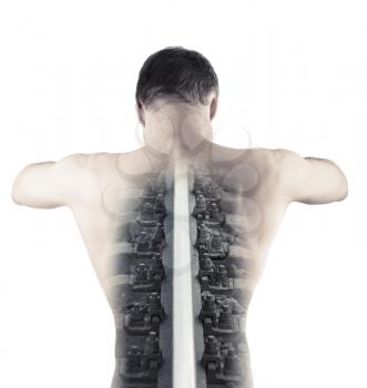 Double exposure monochrome abstract conceptual collage with railway rail as a backbone of muscular young male, back view isolated on white background
