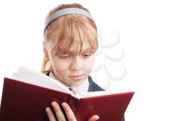 Closeup portrait of blond Caucasian schoolgirl with book isolated on white 