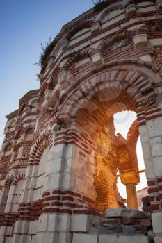 Ruined temple with sunlight. Historical St. John Aliturghetos church exterior in ancient Nessebar town, Bulgaria