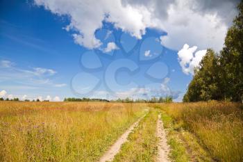 Russian rural landscape with dirt road along the field and bright cloudy sky on the background
