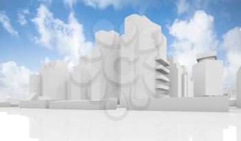 Abstract contemporary cityscape over cloudy sky, houses, industrial buildings and office towers. 3d render illustration isolated on white
