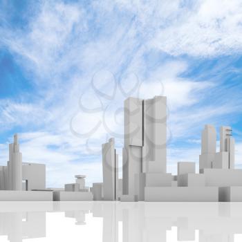 Abstract contemporary cityscape over blue cloudy sky, tall houses, industrial buildings and office towers. 3d render illustration isolated on white