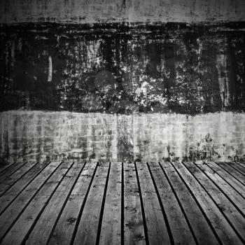 Abstract empty dark room interior background with gray wooden floor and black stripe on concrete wall