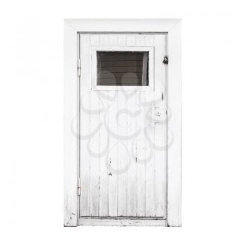 Small rural white wooden wall with padlock and window isolated on white background