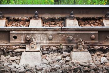 Railway details, rails joint with gap, closeup photo with selective focus