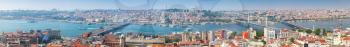 Extra wide panoramic photo of Istanbul, Turkey. Summer cityscape with Golden Horn a major urban waterway and the primary inlet of the Bosphorus, shot taken from the viewpoint of Galata tower