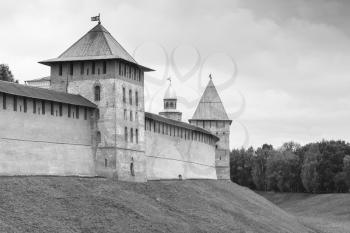 Novgorod Kremlin or Detinets. Bank of the Volkhov River in old russian town Veliky Novgorod. Black and white photo