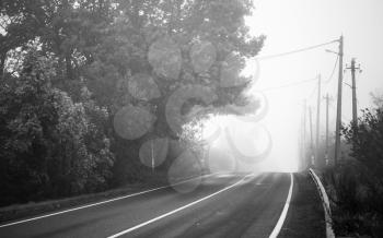 Empty rural highway in autumn foggy morning, black and white retro stylized photo