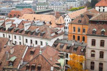 Geneva city, Switzerland. Cityscape with old living houses in old central area, photo taken from St. Pierre Cathedral viewpoint