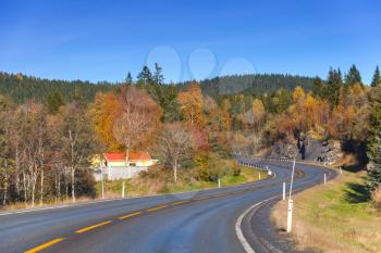 Turning rural highway in autumn season, Norwegian countryside