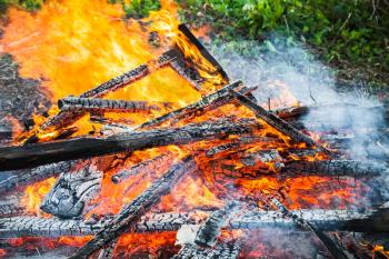 Close-up photo of burning firewood in big bonfire