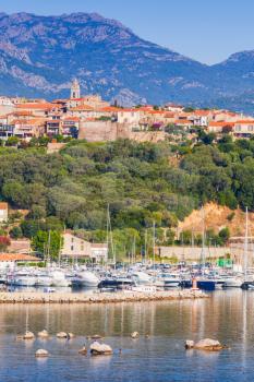 Porto-Vecchio town, coastal cityscape, Corsica island, France. Vertical photo