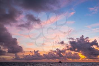 Colorful sunrise over Atlantic Ocean, Bavaro , Hispaniola Island. Dominican Republic, coastal landscape