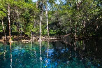 Still blue lake in dark tropical forest, natural landscape of Dominican Republic