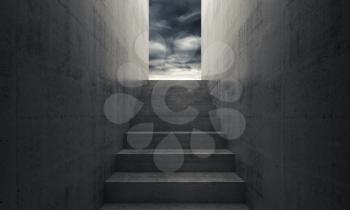 Stairway to heaven, abstract empty dark concrete interior background, front view, 3d illustration 