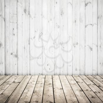 White wall and wooden floor, abstract empty square interior background texture