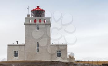 Exterior of Icelandic lighthouse tower, Dyrholaey, Vik district, South coast of Iceland island