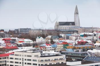 Skyline of Reykjavik, capital city of Iceland. Modern buildings and Hallgrimskirkja church