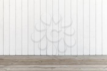 Empty wooden interior background, white wall made of planks
