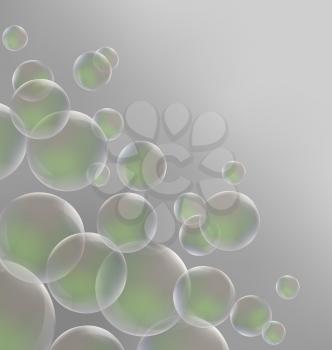 Transparent green soap bubbles on grayscale background