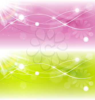 Two abstract spring background with sunlight and white flowers